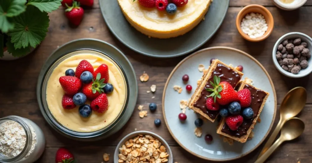 A delicious spread showcasing No-Bake Dessert Recipes on a rustic wooden counter, featuring berry-topped cheesecake, layered icebox cake, chocolate peanut butter bars, and chia pudding jars. Surrounding ingredients like oats, coconut cream, and graham crackers are arranged in warm natural lighting for a cozy, homemade feel.