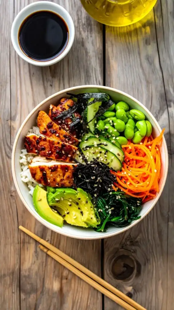 Homemade Asian Bowls / Asian rice bowl with white rice, grilled chicken, fresh vegetables, edamame, and sesame seeds, served in a ceramic bowl with chopsticks on a wooden table