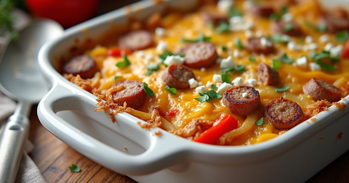 Gluten-free breakfast casserole in a white baking dish, topped with melted cheese and colorful vegetables, served hot on a wooden table with natural morning light.