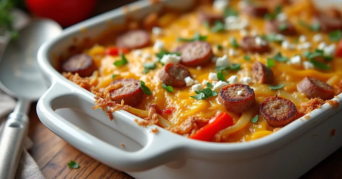 Gluten-free breakfast casserole in a white baking dish, topped with melted cheese and colorful vegetables, served hot on a wooden table with natural morning light.