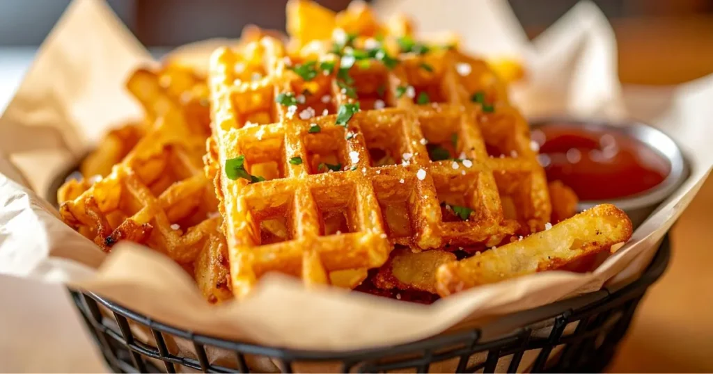 Golden Chick-fil-A style waffle fries in a parchment-lined basket with dipping sauce, crispy texture and warm lighting in a restaurant setting.