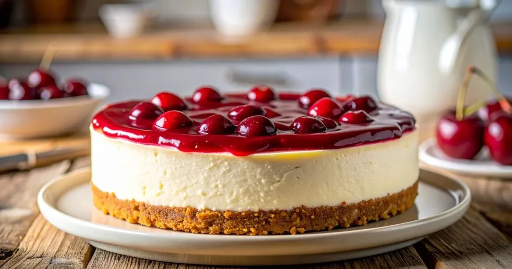 A no-bake cherry cheesecake with a creamy filling and graham cracker crust, topped with glossy cherries, displayed on a wooden table in natural light.