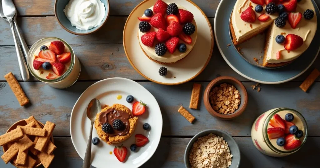 A delicious spread showcasing No-Bake Dessert Recipes on a rustic wooden counter, featuring berry-topped cheesecake, layered icebox cake, chocolate peanut butter bars, and chia pudding jars. Surrounding ingredients like oats, coconut cream, and graham crackers are arranged in warm natural lighting for a cozy, homemade feel.