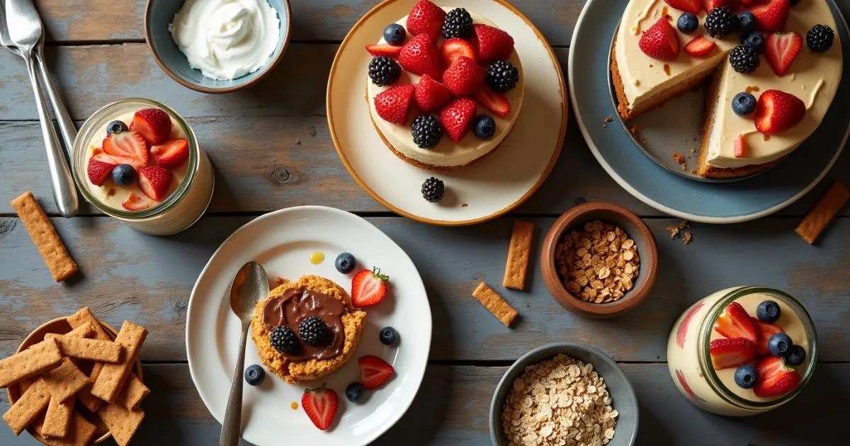 A delicious spread showcasing No-Bake Dessert Recipes on a rustic wooden counter, featuring berry-topped cheesecake, layered icebox cake, chocolate peanut butter bars, and chia pudding jars. Surrounding ingredients like oats, coconut cream, and graham crackers are arranged in warm natural lighting for a cozy, homemade feel.