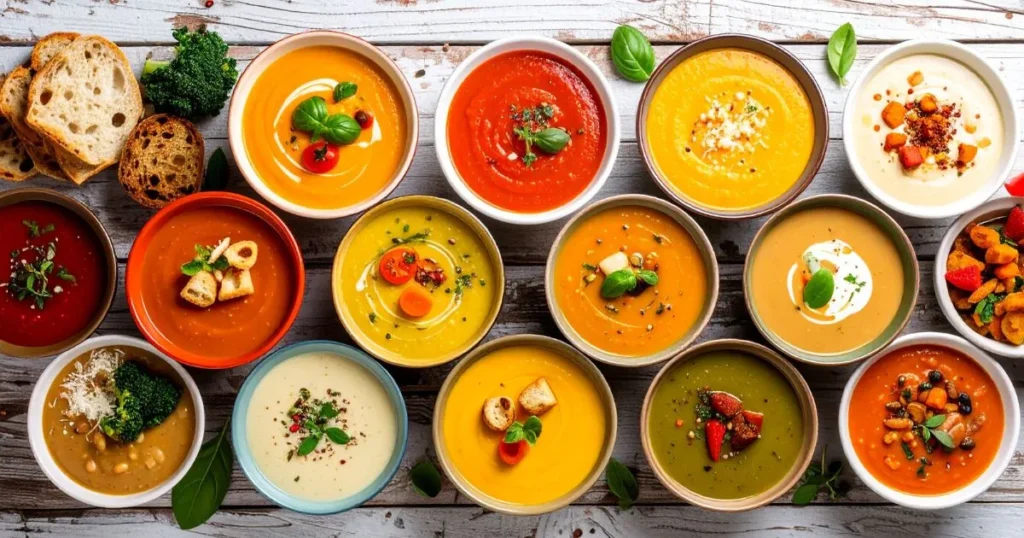 Assorted bowls of healthy soup for kids, including chicken and vegetable, creamy tomato, cheesy broccoli, alphabet pasta, and sweet potato lentil soups, arranged on a cozy kitchen table with playful toppings and fresh bread, creating a welcoming family mealtime scene.