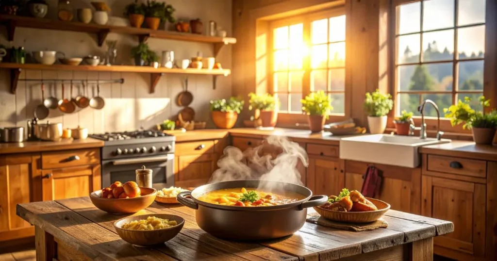 A warm, hearty bowl of Cheeseburger Macaroni Soup Recipe, filled with ground beef, elbow macaroni, and melted cheese, served in a rustic bowl with steam rising, placed on a wooden table for a comforting, homestyle feel.