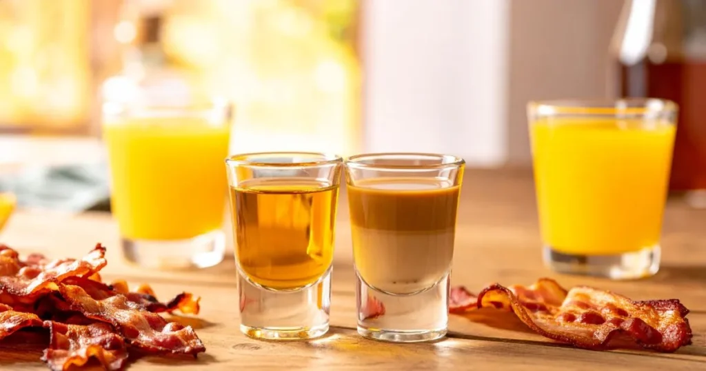 Breakfast shot served on a rustic wooden table with a glass of whiskey and butterscotch schnapps, a separate orange juice glass, and a strip of crispy bacon, set in a bright, cozy morning brunch atmosphere.