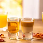 Breakfast shot served on a rustic wooden table with a glass of whiskey and butterscotch schnapps, a separate orange juice glass, and a strip of crispy bacon, set in a bright, cozy morning brunch atmosphere.