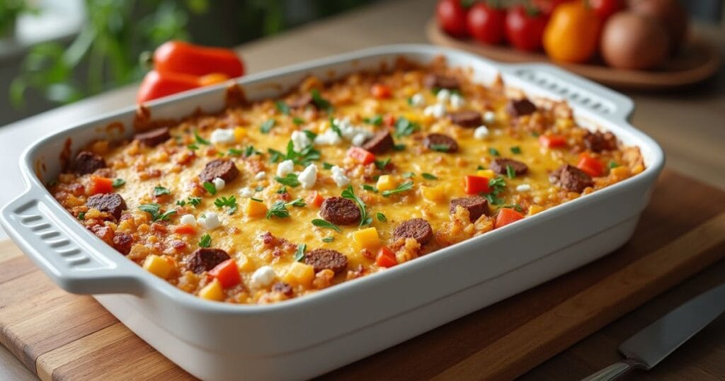 Gluten-free breakfast casserole in a white baking dish, topped with melted cheese and colorful vegetables, served hot on a wooden table with natural morning light.