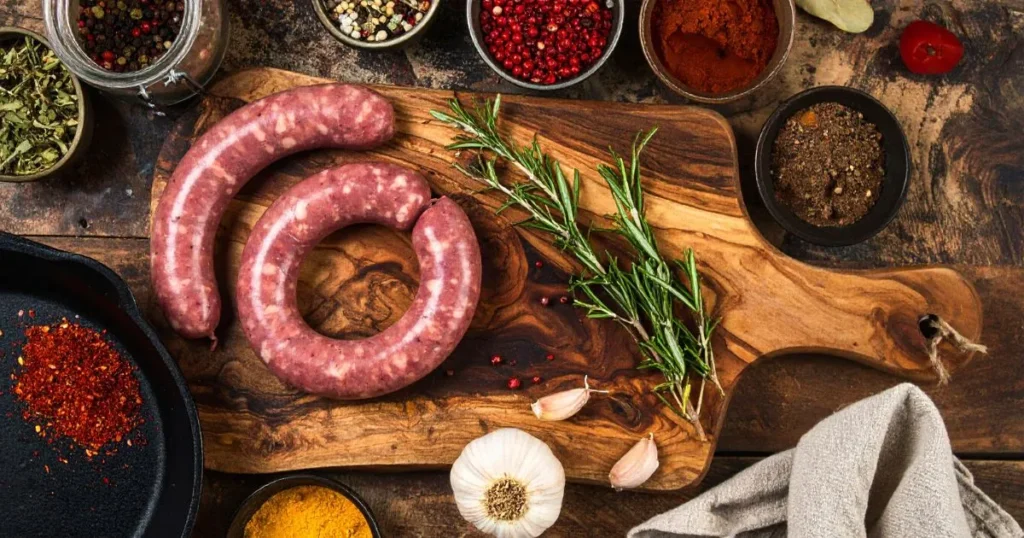 Top-down view of venison sausage preparation on a wooden board, surrounded by herbs, spices, and garlic, with rustic kitchen tools and warm lighting.