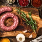 Top-down view of venison sausage preparation on a wooden board, surrounded by herbs, spices, and garlic, with rustic kitchen tools and warm lighting.