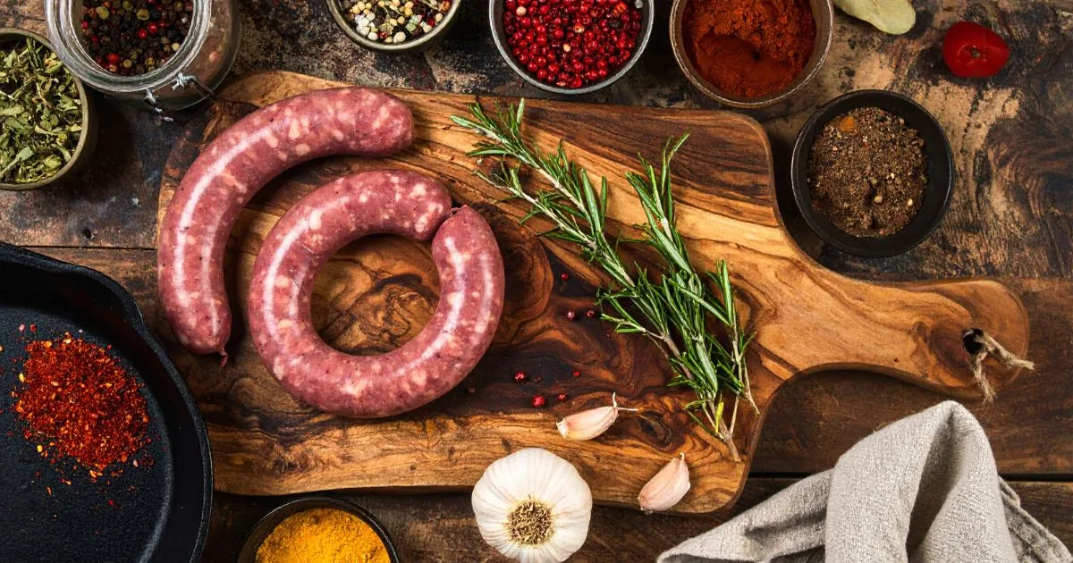 Top-down view of venison sausage preparation on a wooden board, surrounded by herbs, spices, and garlic, with rustic kitchen tools and warm lighting.