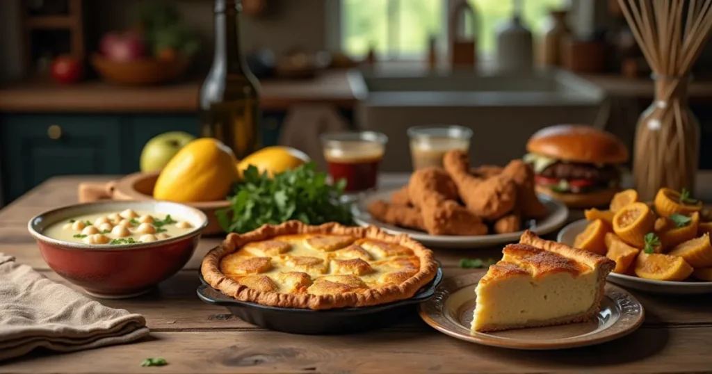 An inviting farmhouse kitchen table featuring classic American cuisine dishes including apple pie, clam chowder, fried chicken, and a cheeseburger, surrounded by fresh ingredients like corn, beans, and squash, bathed in soft natural light.