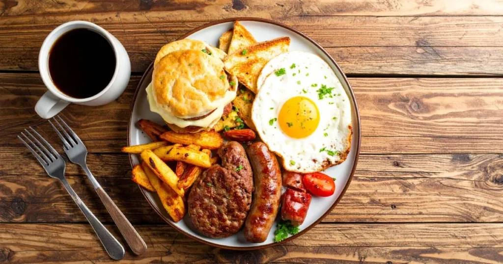 Homemade deer meat breakfast sausage served with eggs, hash browns, and toast on a rustic wooden table.