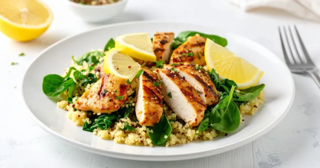 Low FODMAP dinner recipe featuring lemon-grilled chicken with quinoa and spinach, perfect for sensitive stomachs and clean eating.