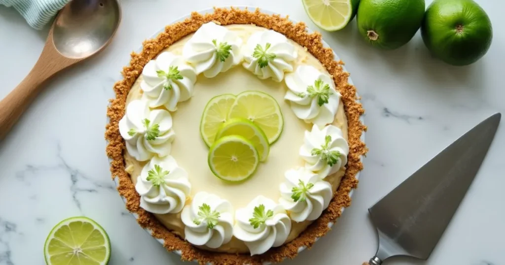 No-bake Key Lime Pie in a graham cracker crust, topped with whipped cream and lime slices, styled on a marble countertop with fresh key limes and a pie server nearby.