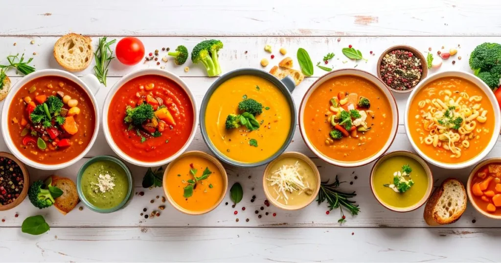 Assorted bowls of healthy soup for kids, including chicken and vegetable, creamy tomato, cheesy broccoli, alphabet pasta, and sweet potato lentil soups, arranged on a cozy kitchen table with playful toppings and fresh bread, creating a welcoming family mealtime scene.