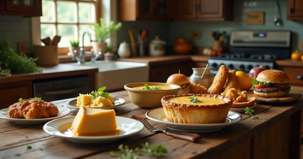 An inviting farmhouse kitchen table featuring classic American cuisine dishes including apple pie, clam chowder, fried chicken, and a cheeseburger, surrounded by fresh ingredients like corn, beans, and squash, bathed in soft natural light.
