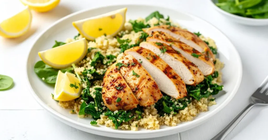 Low FODMAP dinner recipe featuring lemon-grilled chicken with quinoa and spinach, perfect for sensitive stomachs and clean eating.