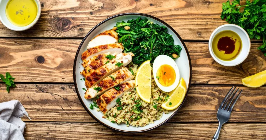 elicious and healthy low FODMAP recipes featuring lemon herb grilled chicken, quinoa, sautéed spinach, and a soft-boiled egg — ideal for digestive health