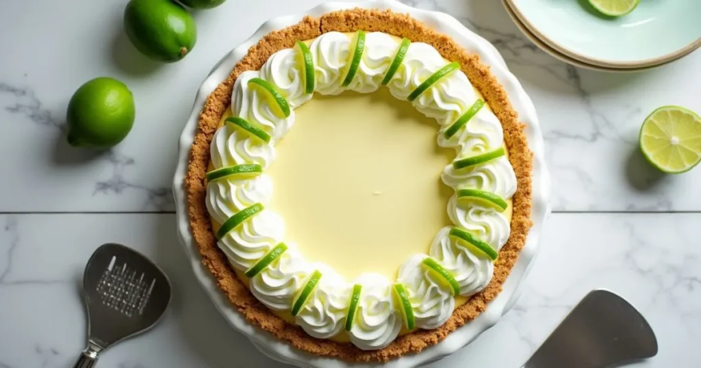 No-bake Key Lime Pie in a graham cracker crust, topped with whipped cream and lime slices, styled on a marble countertop with fresh key limes and a pie server nearby.