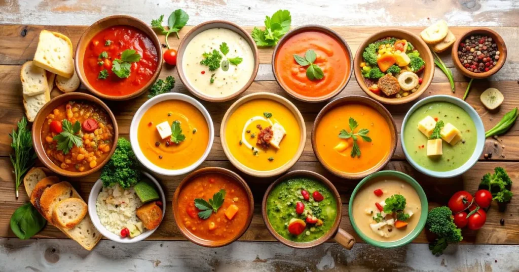 Assorted bowls of healthy soup for kids, including chicken and vegetable, creamy tomato, cheesy broccoli, alphabet pasta, and sweet potato lentil soups, arranged on a cozy kitchen table with playful toppings and fresh bread, creating a welcoming family mealtime scene.