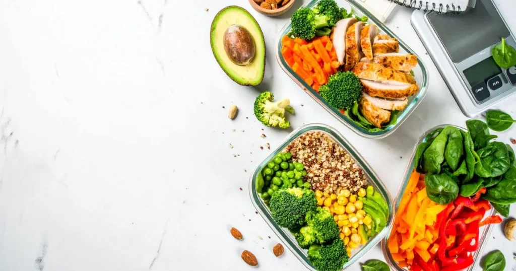 Clean Bulk Meal Plan setup with meal prep containers filled with lean protein, complex carbs, and vegetables, alongside a food scale and fitness planner on a kitchen counter.