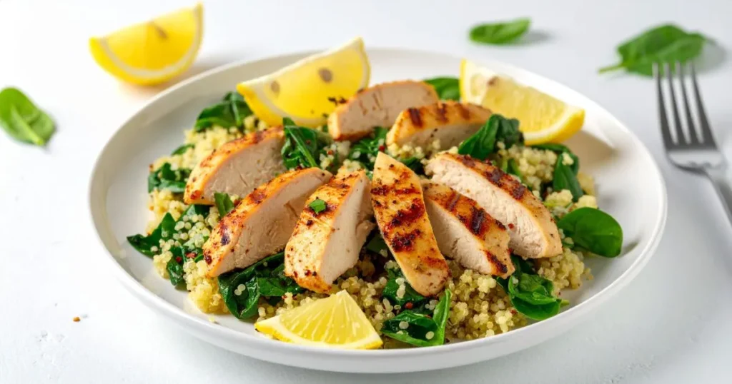 Low FODMAP dinner recipe featuring lemon-grilled chicken with quinoa and spinach, perfect for sensitive stomachs and clean eating.