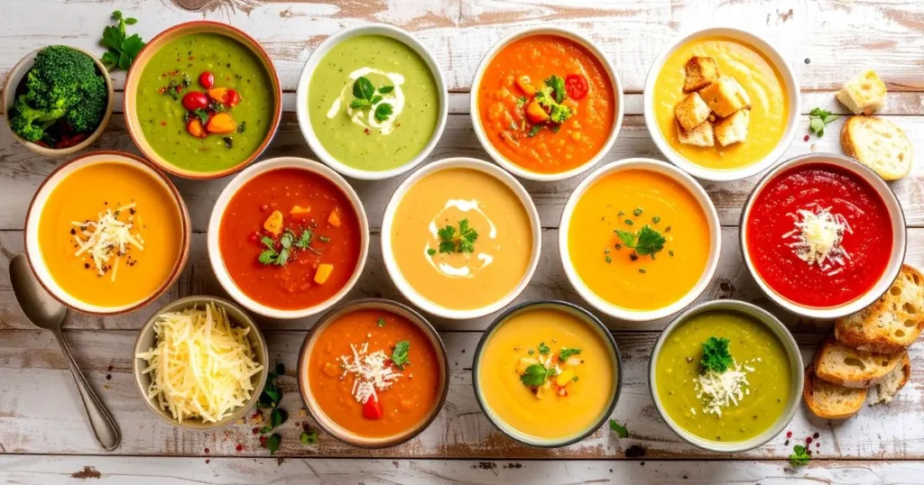 Assorted bowls of healthy soup for kids, including chicken and vegetable, creamy tomato, cheesy broccoli, alphabet pasta, and sweet potato lentil soups, arranged on a cozy kitchen table with playful toppings and fresh bread, creating a welcoming family mealtime scene.