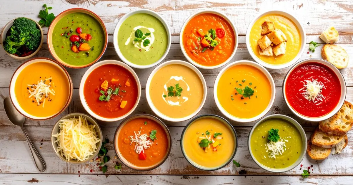 Assorted bowls of healthy soup for kids, including chicken and vegetable, creamy tomato, cheesy broccoli, alphabet pasta, and sweet potato lentil soups, arranged on a cozy kitchen table with playful toppings and fresh bread, creating a welcoming family mealtime scene.