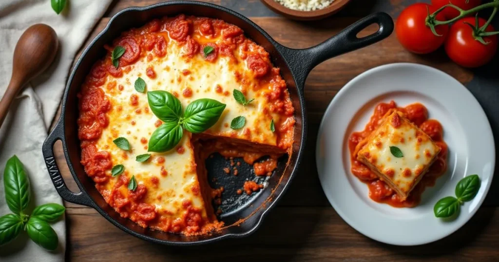 Skillet Lasagna Recipe shown in a cast iron skillet with bubbling melted cheese and fresh basil on top, surrounded by a wooden spoon, grated Parmesan, fresh tomatoes, and a plate with a lasagna slice, set on a rustic kitchen table.