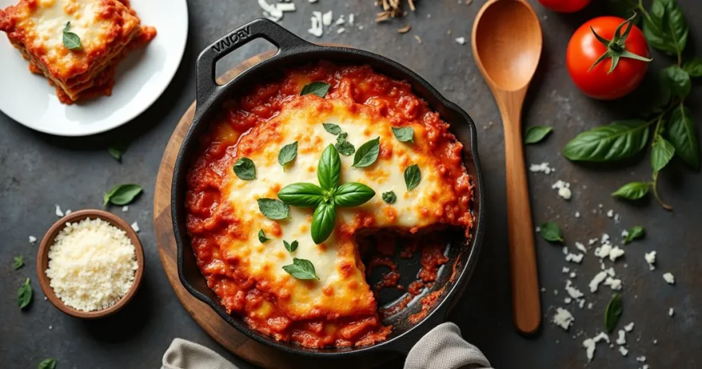 Skillet Lasagna Recipe shown in a cast iron skillet with bubbling melted cheese and fresh basil on top, surrounded by a wooden spoon, grated Parmesan, fresh tomatoes, and a plate with a lasagna slice, set on a rustic kitchen table.
