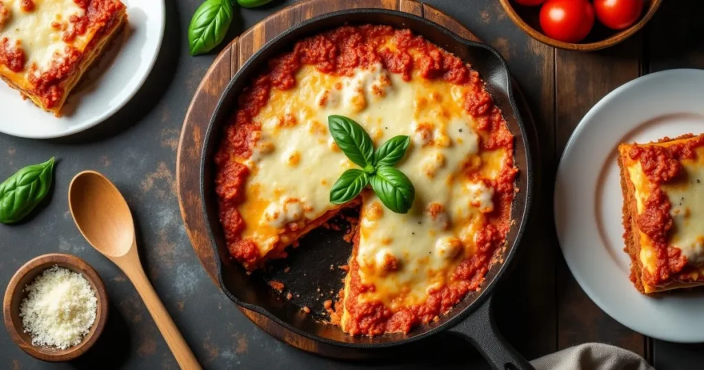 Skillet Lasagna Recipe shown in a cast iron skillet with bubbling melted cheese and fresh basil on top, surrounded by a wooden spoon, grated Parmesan, fresh tomatoes, and a plate with a lasagna slice, set on a rustic kitchen table.