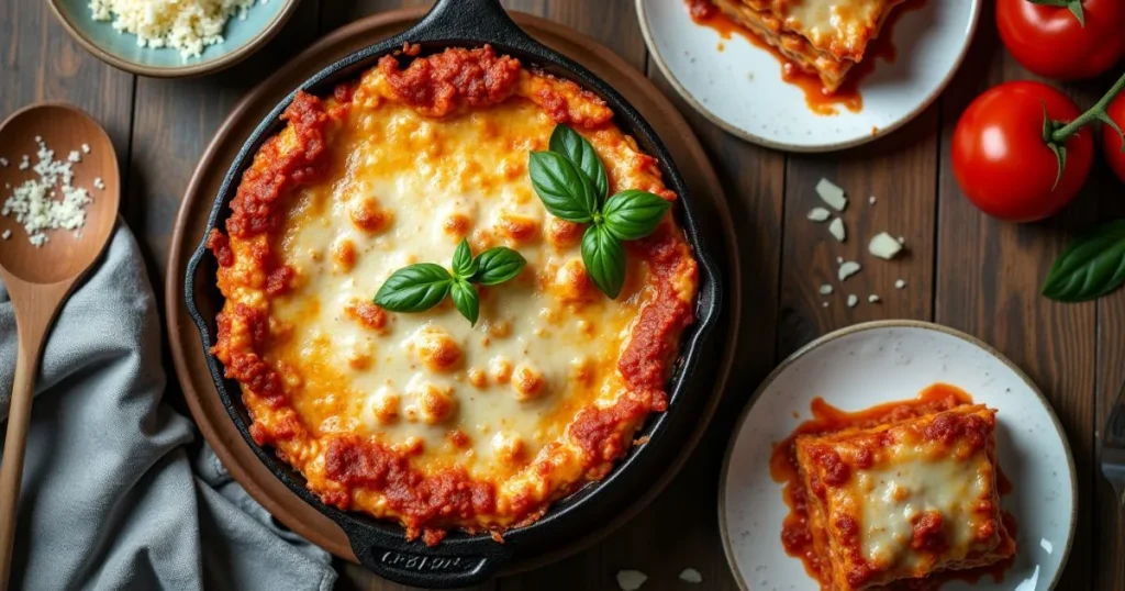 Skillet Lasagna Recipe shown in a cast iron skillet with bubbling melted cheese and fresh basil on top, surrounded by a wooden spoon, grated Parmesan, fresh tomatoes, and a plate with a lasagna slice, set on a rustic kitchen table.