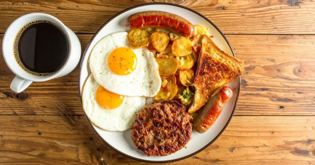 Homemade deer meat breakfast sausage served with eggs, hash browns, and toast on a rustic wooden table.