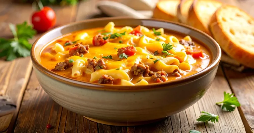 Comforting one-pot cheeseburger mac soup topped with melted cheese and served hot in a farmhouse-style bowl.