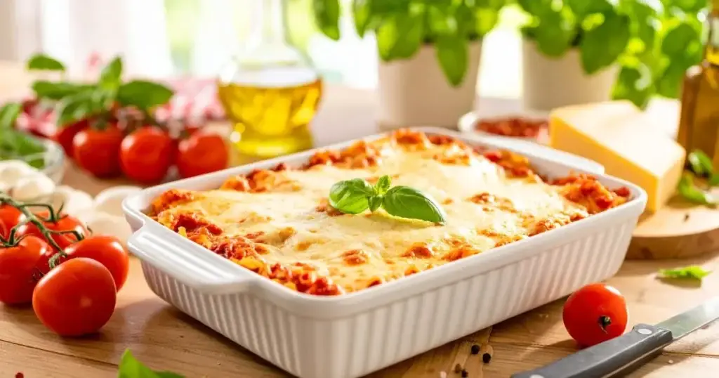 American Beauty lasagna pasta being assembled in a casserole dish with sauce, cheese, and herbs.