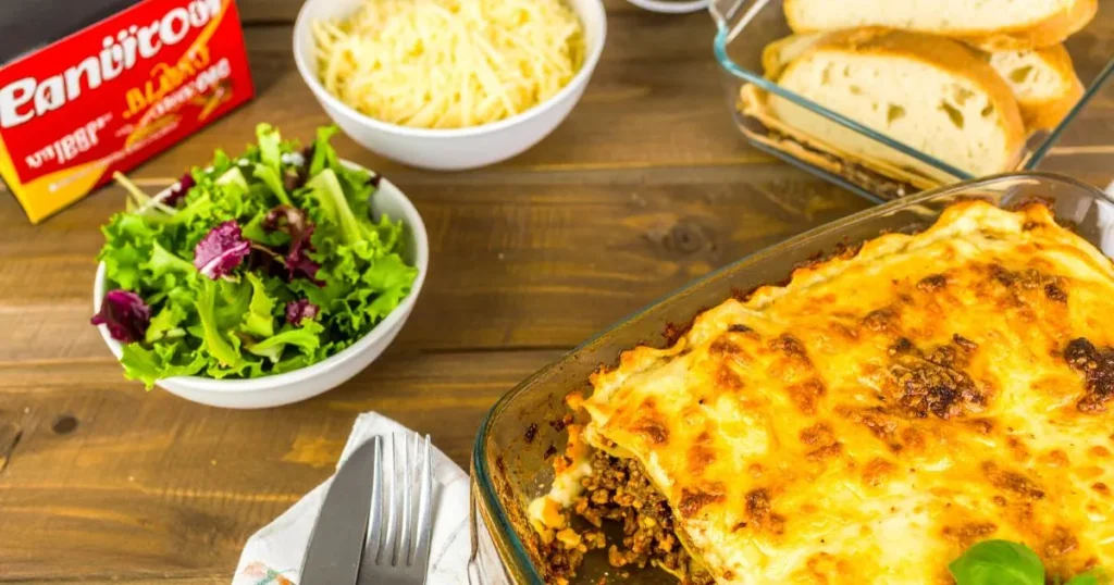 Freshly baked American Beauty lasagna recipe in a glass dish with golden melted cheese, visible layers of noodles, meat sauce, and ricotta, garnished with fresh basil, served on a rustic kitchen table with salad and garlic bread.