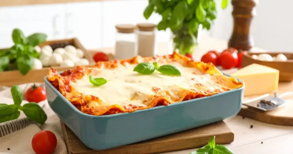American Beauty lasagna pasta being assembled in a casserole dish with sauce, cheese, and herbs.