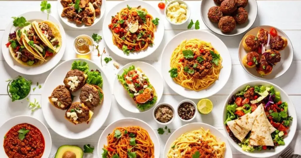 A bright family kitchen table displaying ground beef recipes for kids, with colorful plates of tacos, mini sliders, spaghetti with meat sauce, meatloaf muffins, and quesadillas, presented in an inviting and cheerful atmosphere.