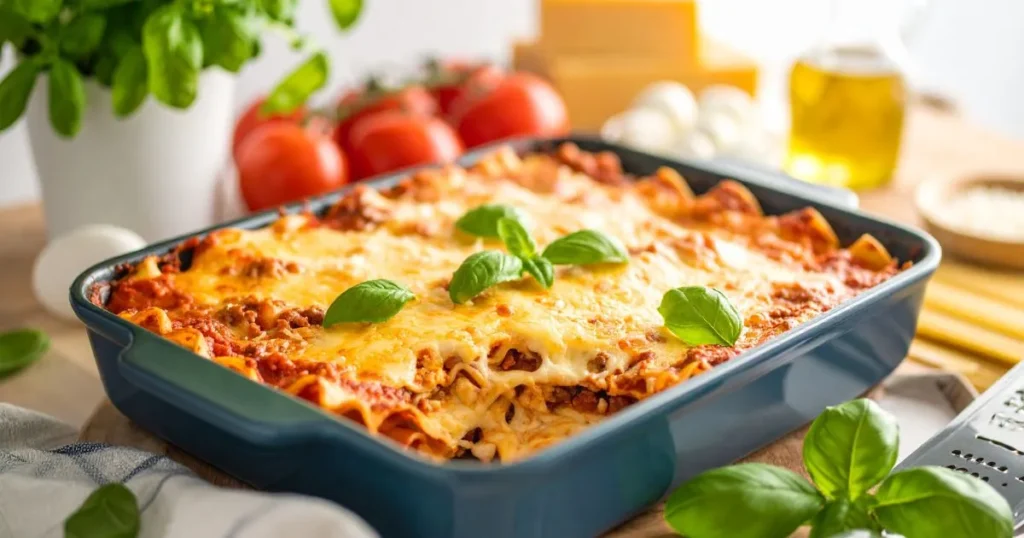 American Beauty lasagna pasta being assembled in a casserole dish with sauce, cheese, and herbs.