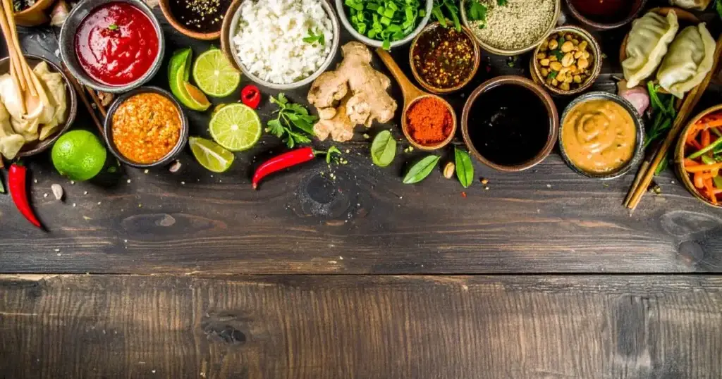 An overhead shot of assorted homemade Asian food sauces in small bowls, surrounded by fresh ingredients like ginger, garlic, chili peppers, and lime, with chopsticks and Asian dishes such as dumplings and spring rolls on a wooden table.