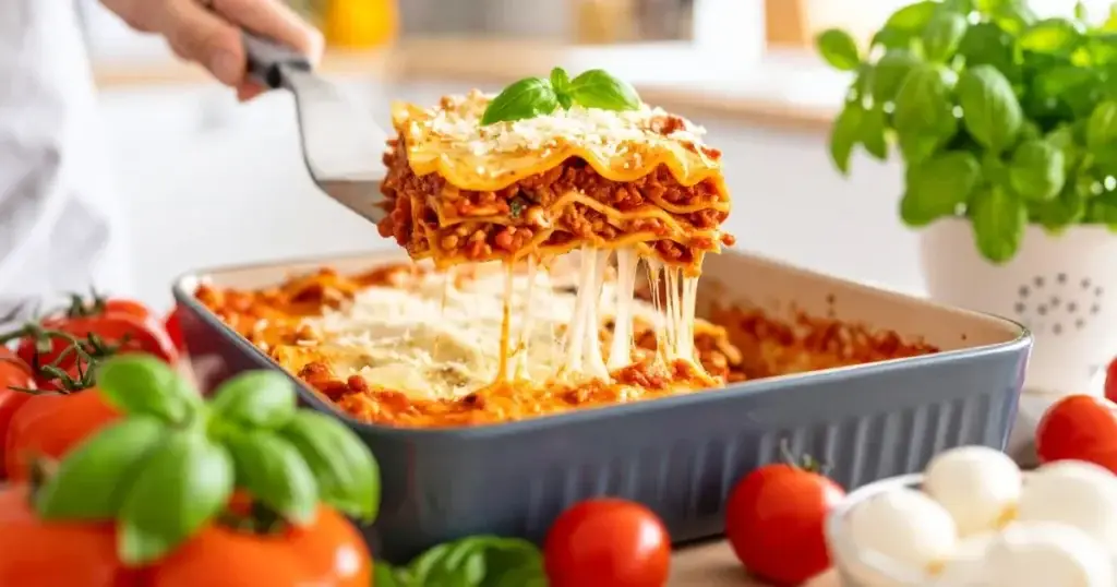 American Beauty lasagna pasta being assembled in a casserole dish with sauce, cheese, and herbs.