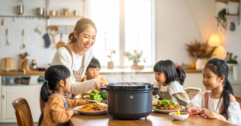 A cozy family kitchen scene illustrating “Instant Pot Family Recipes”: A smiling but tired mom stands beside a steaming Instant Pot, while kids eagerly wait at a dinner table filled with quick and easy homemade meals.