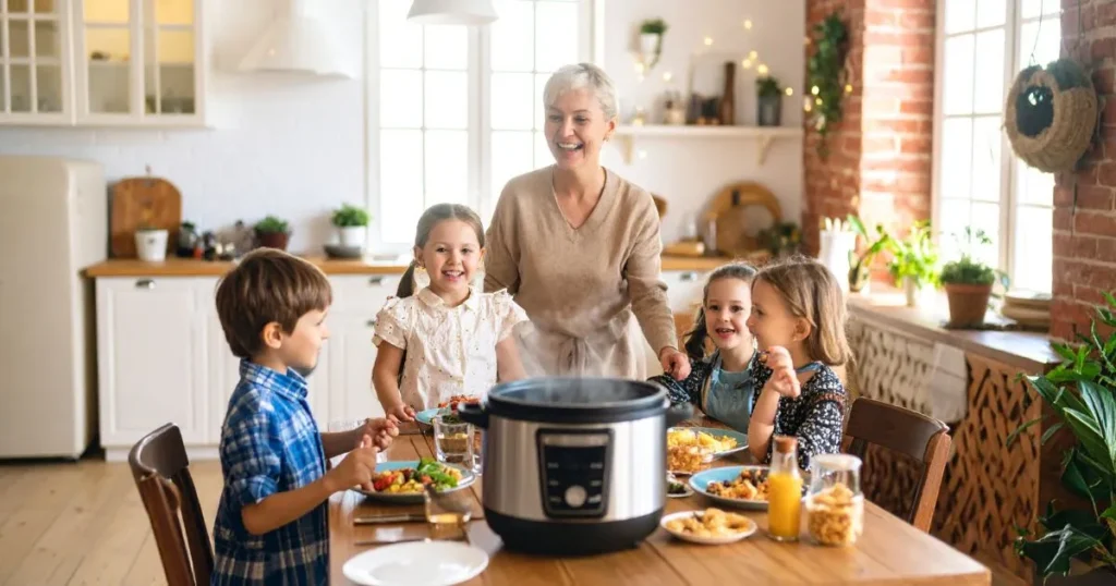 A cozy family kitchen scene illustrating “Instant Pot Family Recipes”: A smiling but tired mom stands beside a steaming Instant Pot, while kids eagerly wait at a dinner table filled with quick and easy homemade meals.
