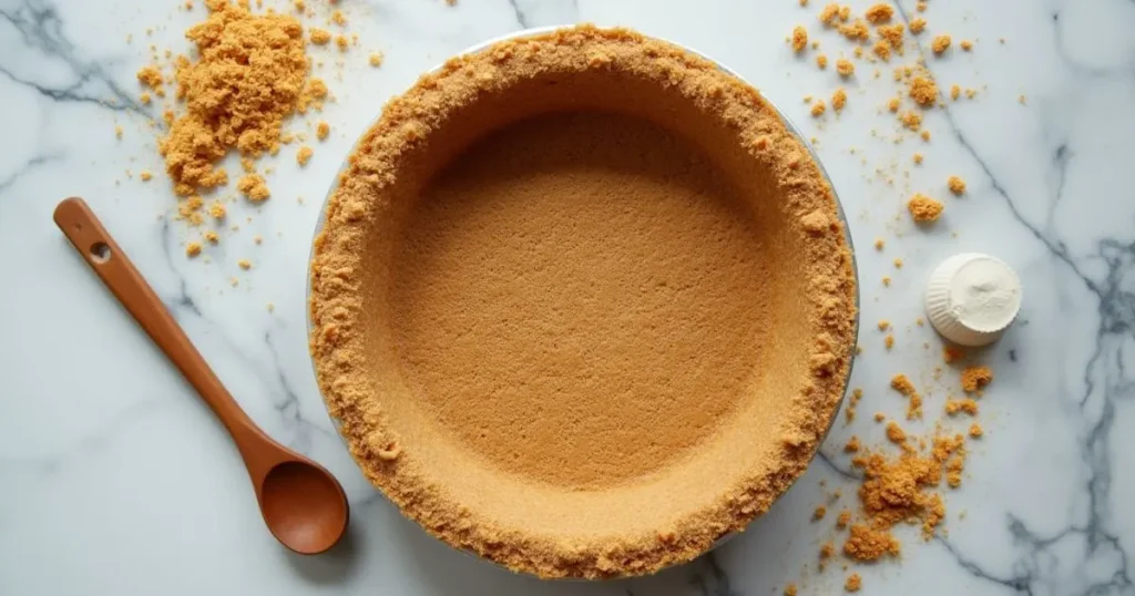 Homemade gluten-free graham cracker crust in a pie dish, evenly pressed and golden brown on a marble countertop
