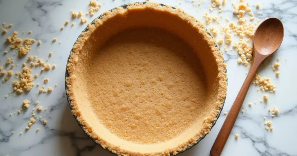 Homemade gluten-free graham cracker crust in a pie dish, evenly pressed and golden brown on a marble countertop