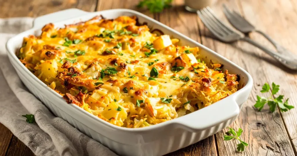 Delicious gluten-free breakfast casserole with eggs, vegetables, and cheese in a baking dish – perfect for a healthy morning meal.