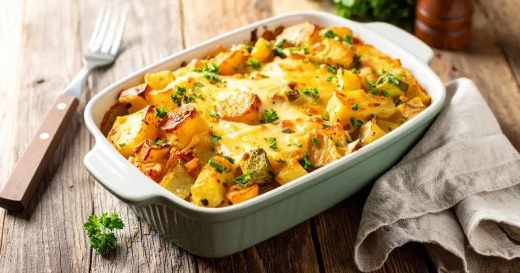Delicious gluten-free breakfast casserole with eggs, vegetables, and cheese in a baking dish – perfect for a healthy morning meal.