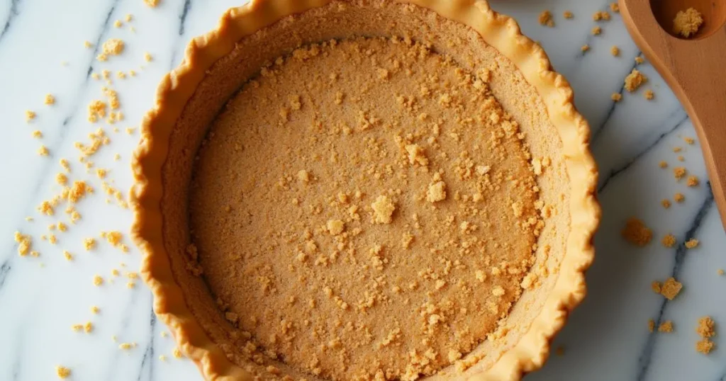 Homemade gluten-free graham cracker crust in a pie dish, evenly pressed and golden brown on a marble countertop